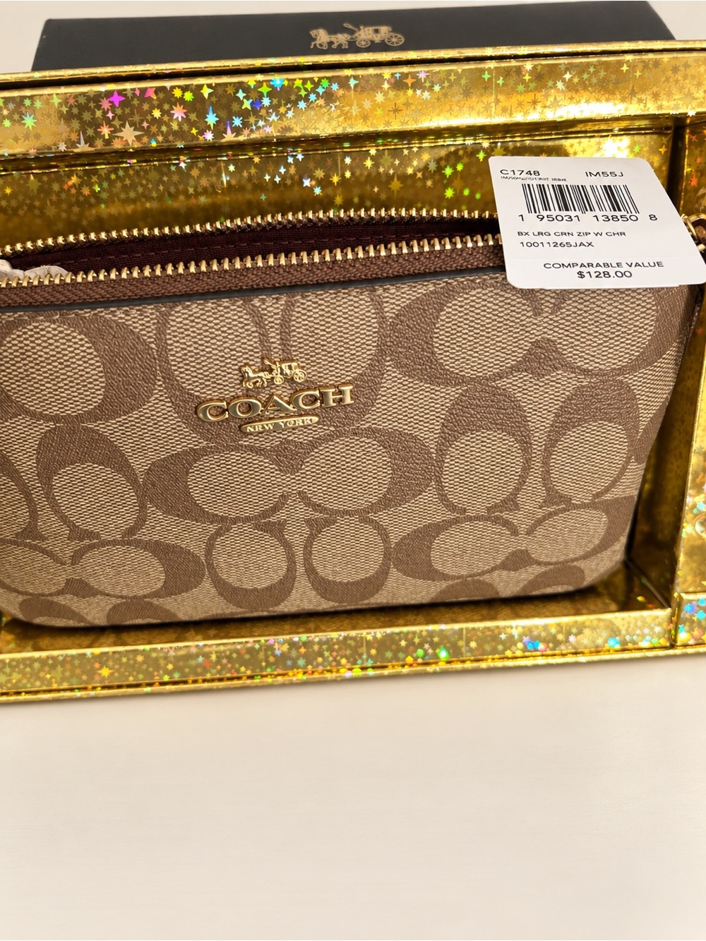 Coach Beige Signature Canvas Zip Pouch with Gold Logo